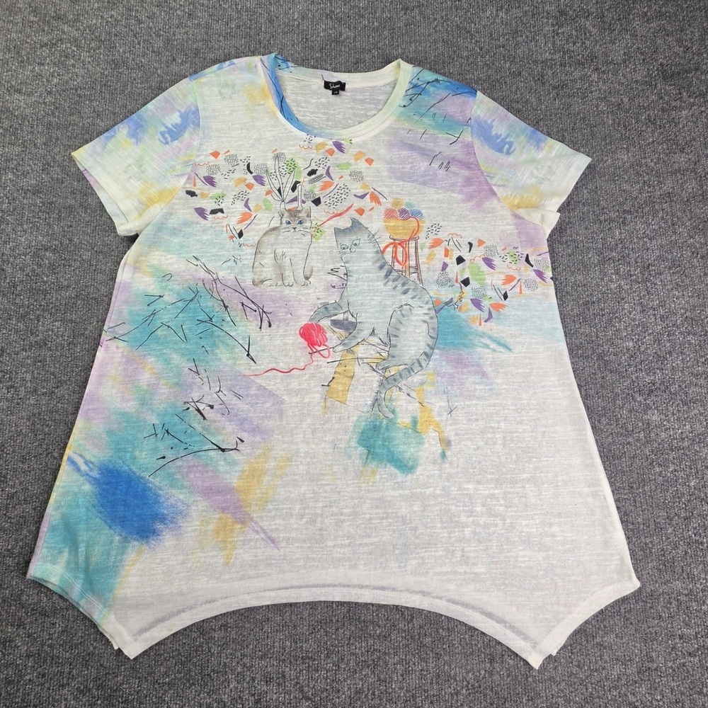 Shana Tunic Top Womens Large Multicolor Cat Yarn Graphic Sharkbite Hem Short Slv